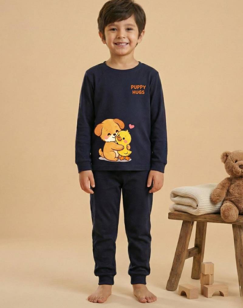 Boys cotton navy blue best friends cuddle printed nightsuit