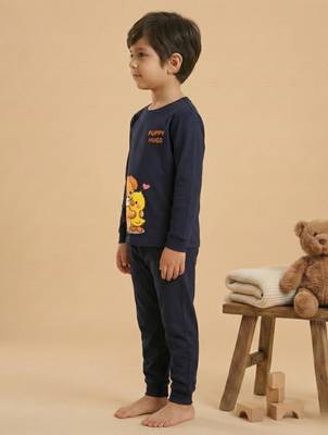 Boys cotton navy blue best friends cuddle printed nightsuit 3