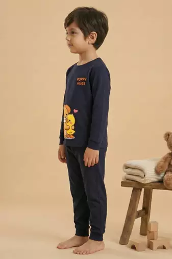 Boys cotton navy blue best friends cuddle printed nightsuit