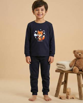 Boys cotton navy blue bubble fox printed nightsuit 1