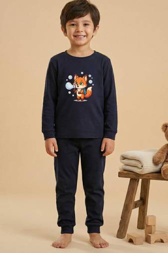 Boys cotton navy blue bubble fox printed nightsuit