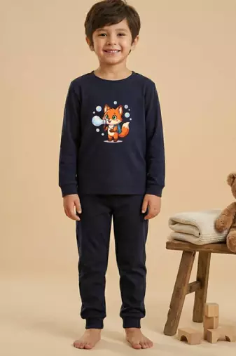 Boys cotton navy blue bubble fox printed nightsuit