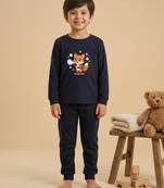 Boys cotton navy blue bubble fox printed nightsuit