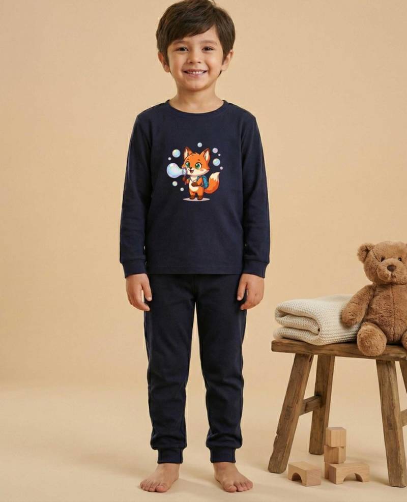 Boys cotton navy blue bubble fox printed nightsuit