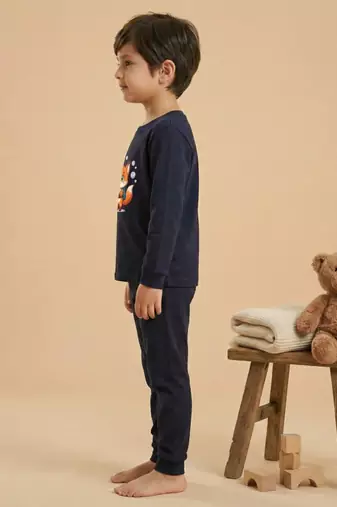 Boys cotton navy blue bubble fox printed nightsuit