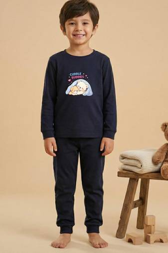 Boys cotton navy blue cuddle buddies printed nightsuit
