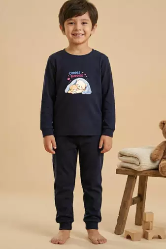 Boys cotton navy blue cuddle buddies printed nightsuit