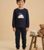 Boys cotton navy blue cuddle buddies printed nightsuit