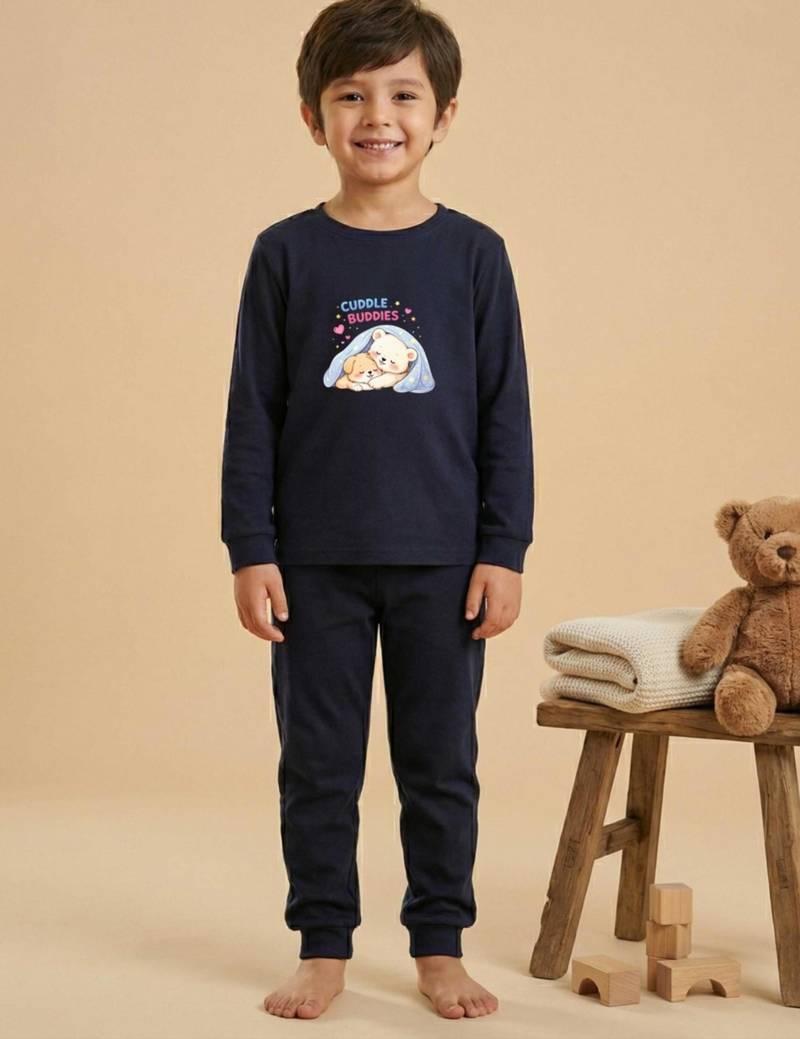 Boys cotton navy blue cuddle buddies printed nightsuit