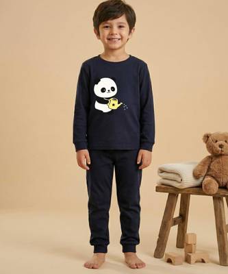 Boys cotton navy blue kind days panda printed nightsuit 1