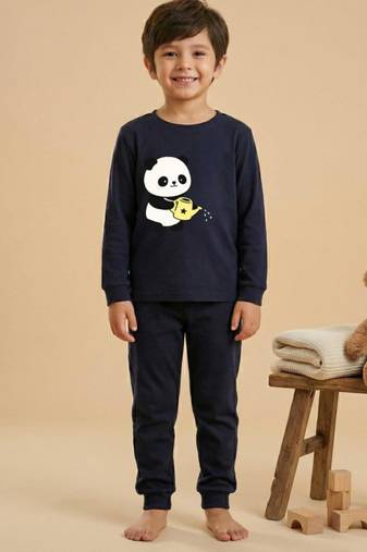 Boys cotton navy blue kind days panda printed nightsuit