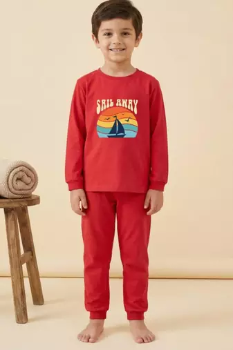 Boys cotton red sunset sailing printed nightsuit