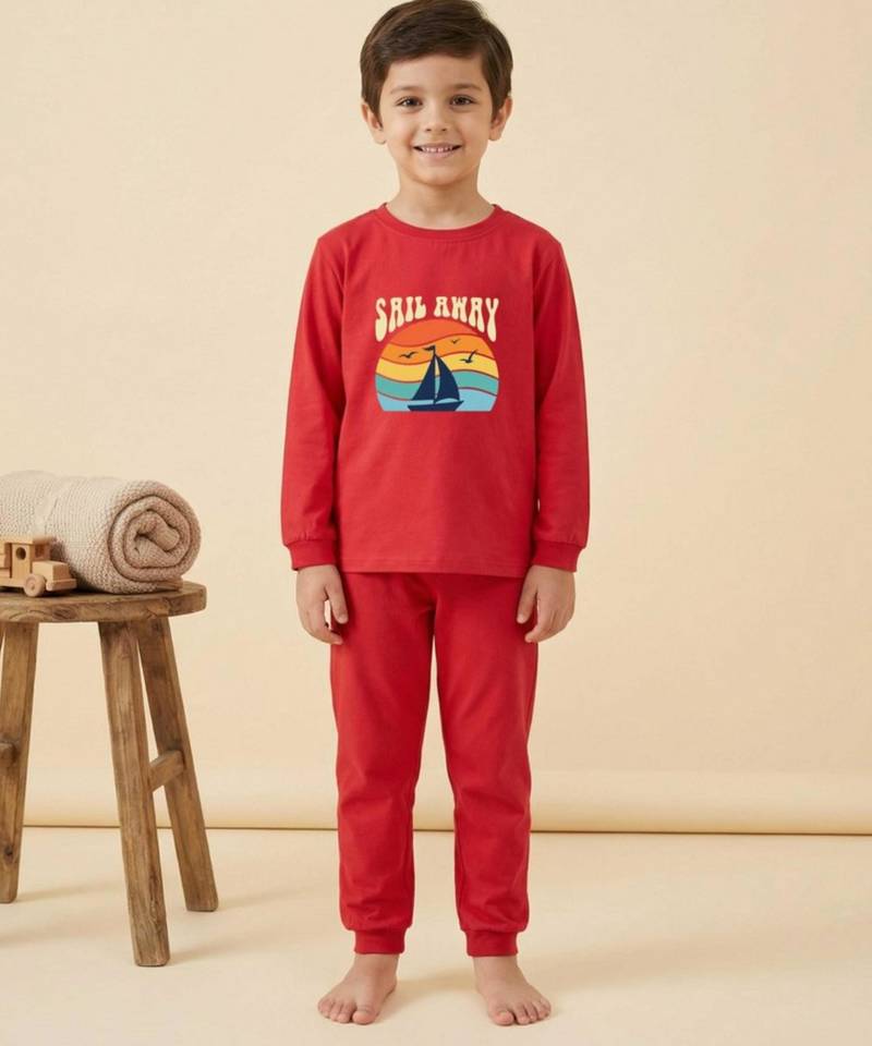 Boys cotton red sunset sailing printed nightsuit