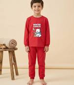 Boys cotton red cuddly winter printed nightsuit