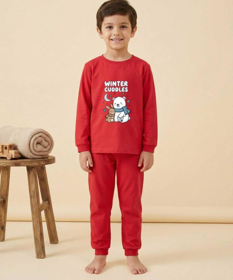 Boys cotton red cuddly winter printed nightsuit