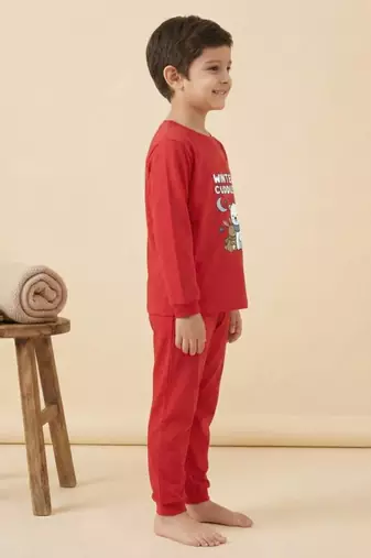 Boys cotton red cuddly winter printed nightsuit