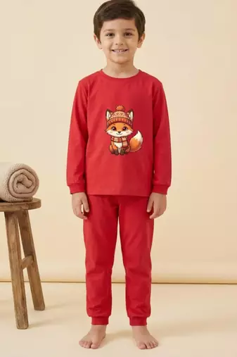 Boys cotton red cozy fox printed nightsuit