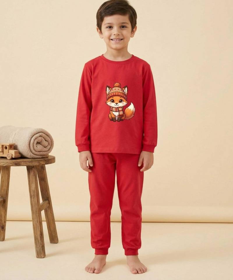 Boys cotton red cozy fox printed nightsuit