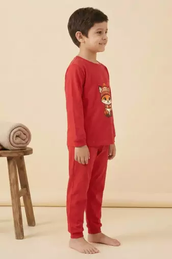 Boys cotton red cozy fox printed nightsuit
