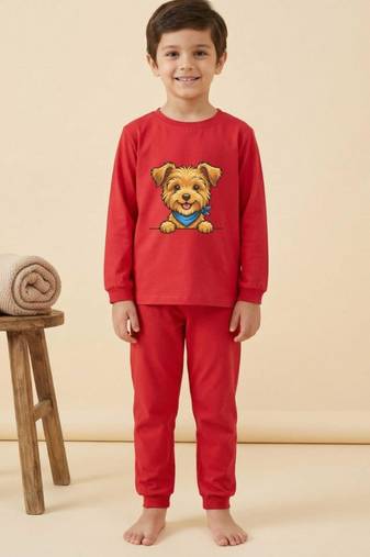 Boys cotton red happy puppy printed nightsuit