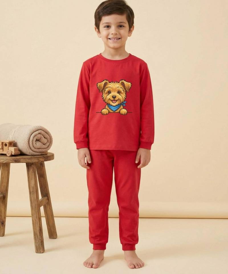 Boys cotton red happy puppy printed nightsuit