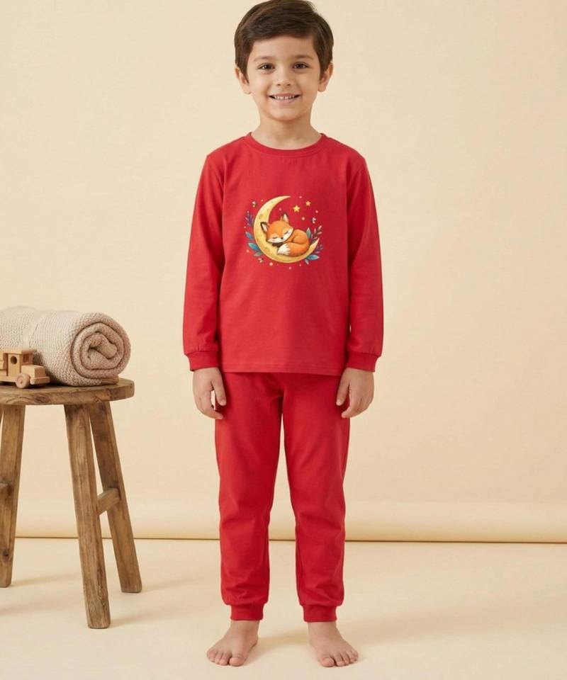 Boys cotton red starry night fox printed nightsuit