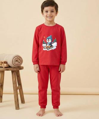 Boys cotton red penguin fun ride printed nightsuit 1