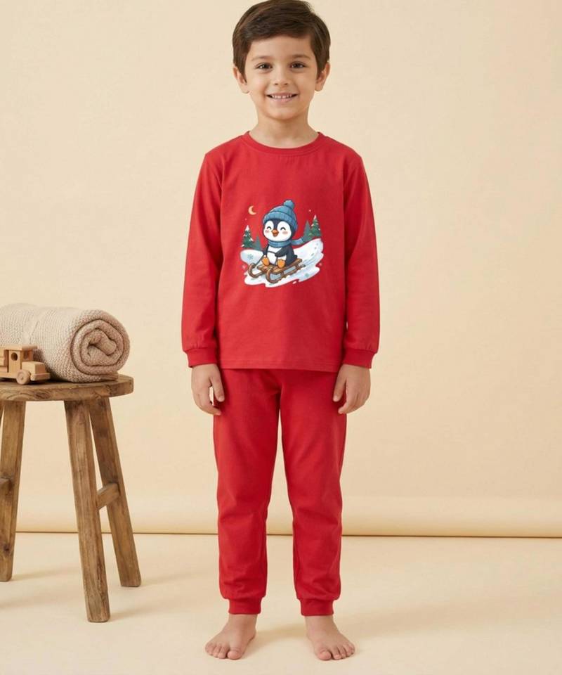 Boys cotton red penguin fun ride printed nightsuit