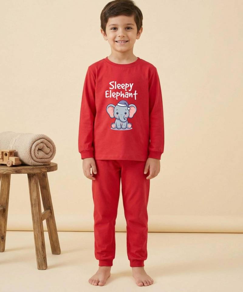 Boys cotton red sleepy baby elephant printed nightsuit