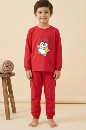 Boys cotton red waving penguin printed nightsuit