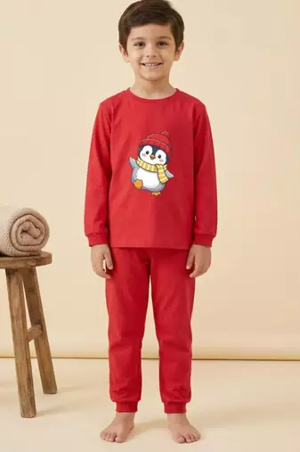 Boys cotton red waving penguin printed nightsuit