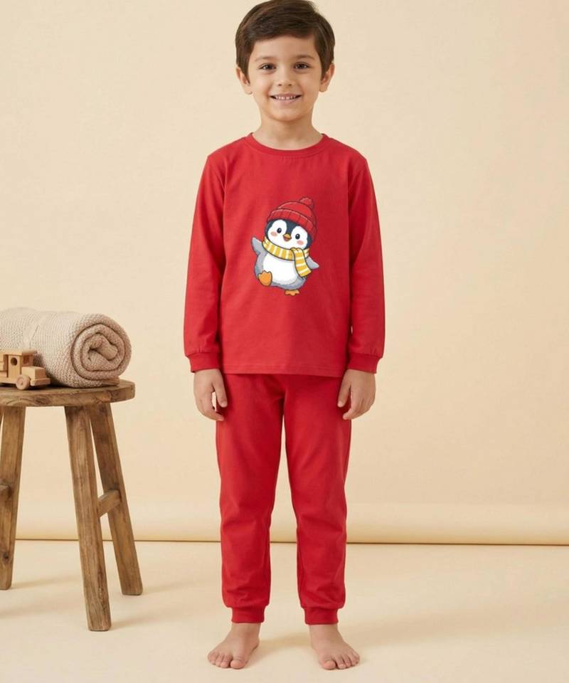 Boys cotton red waving penguin printed nightsuit