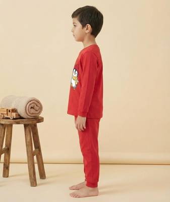 Boys cotton red waving penguin printed nightsuit 3