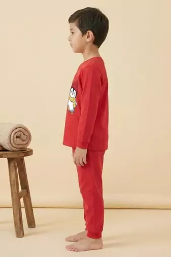 Boys cotton red waving penguin printed nightsuit