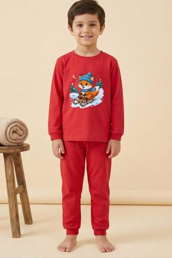 Boys cotton red foxy fun ride printed nightsuit
