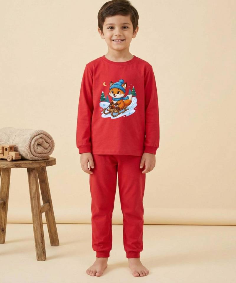 Boys cotton red foxy fun ride printed nightsuit
