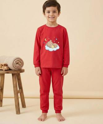 Boys cotton red bedtime bear printed nightsuit 1