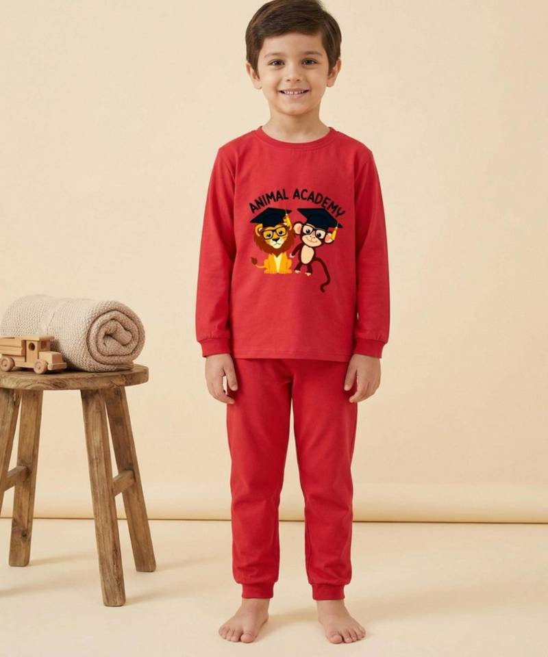 Boys cotton red animal academy printed nightsuit
