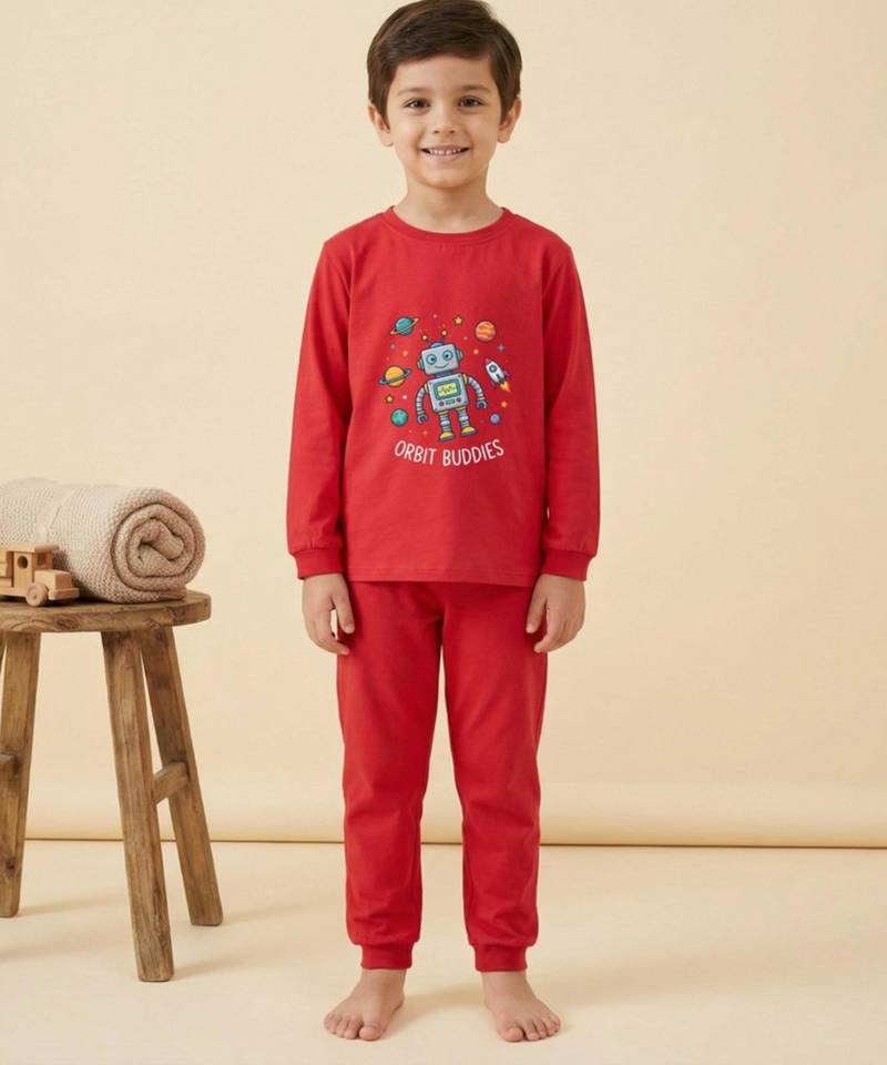 Boys cotton red orbit buddies printed nightsuit