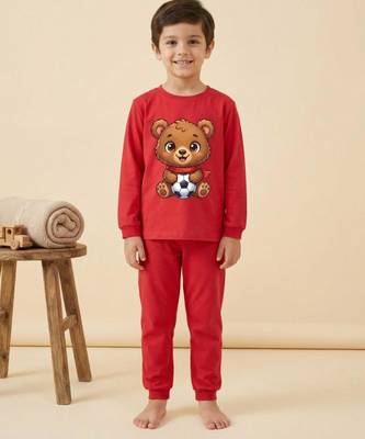 Boys cotton red soccer bear printed nightsuit 1