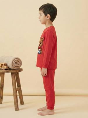 Boys cotton red soccer bear printed nightsuit 3