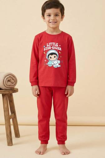 Boys cotton red space explorer printed nightsuit