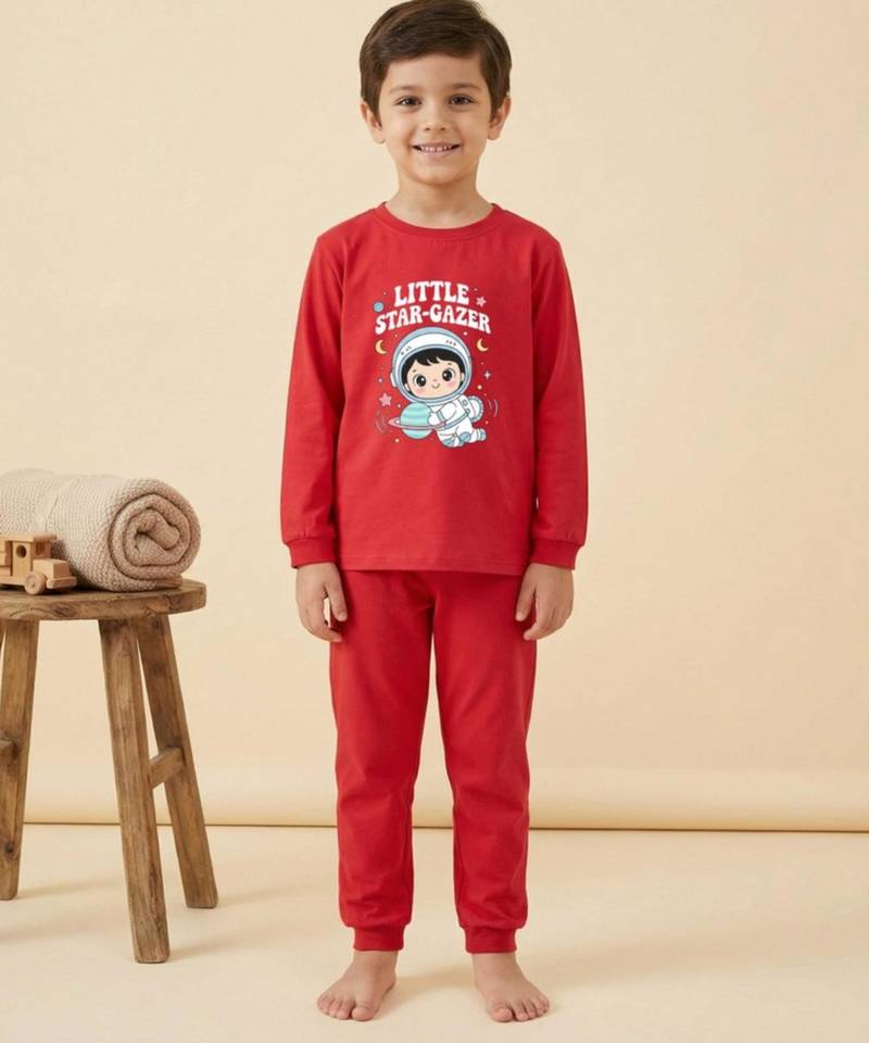 Boys cotton red space explorer printed nightsuit