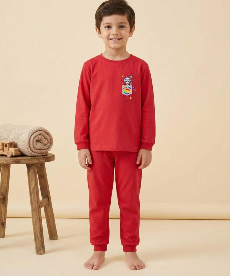 Boys cotton red space raccoon pocket printed nightsuit
