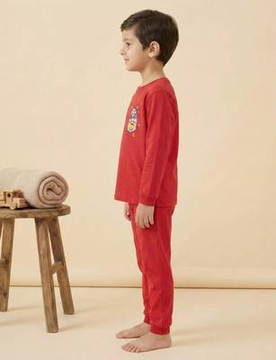 Boys cotton red space raccoon pocket printed nightsuit 3