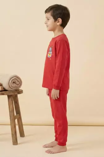 Boys cotton red space raccoon pocket printed nightsuit