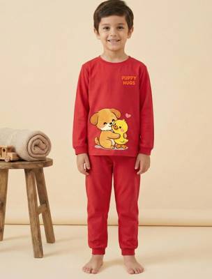 Boys cotton red best friends cuddle printed nightsuit 1