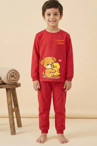 Boys cotton red best friends cuddle printed nightsuit