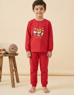Boys cotton red bubble fox printed nightsuit 1