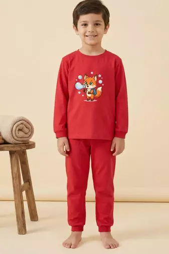 Boys cotton red bubble fox printed nightsuit